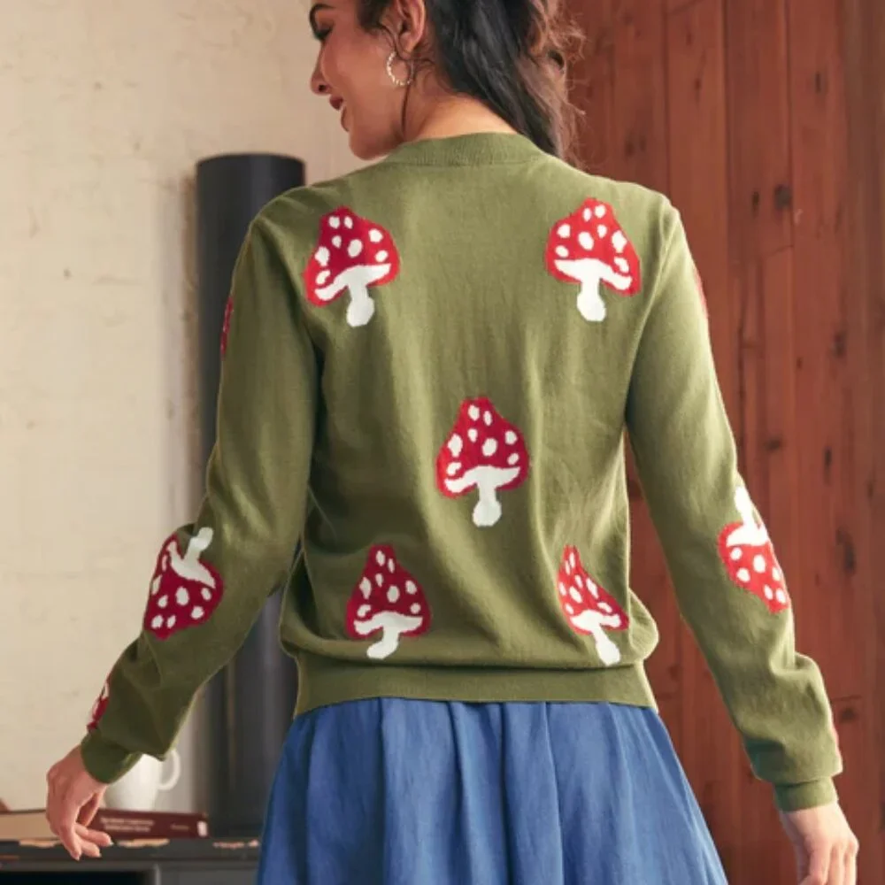Modcloth Mushroom Cardigan Sweater Olive Green NWT XL Cotton Old Soul Classic - Picture 2 of 7